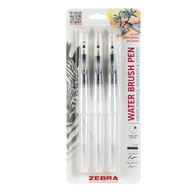 Zebra Pen Water Brush Pens, Set of 3, Watercolor Pens Set, 3 Flexible Nylon Brush Tip, Sizes: Large, Small, and Flat, Refillable Water Brush Pen, Ideal Watercolor Tool (79323)