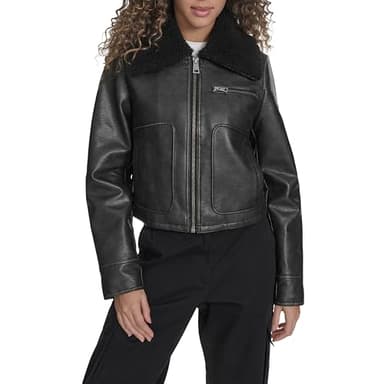 Levi's Women's Faux Leather Aviator Jacket, Black, Medium