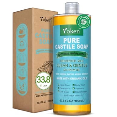 Yoken EWG Verified Castile Soap Liquid Unscented 33.8 fl oz Pure Castile Liquid Cleanser Made With Organic Oil, Clean & Gentle, Natural Castor Oil Soap for Body Wash, Hand, Dishes, Laundry