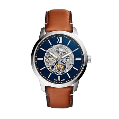 Fossil Men's Watch, Townsman Automatic Stainless Steel and Leather Three-Hand Skeleton Watch, Color: Silver, Luggage