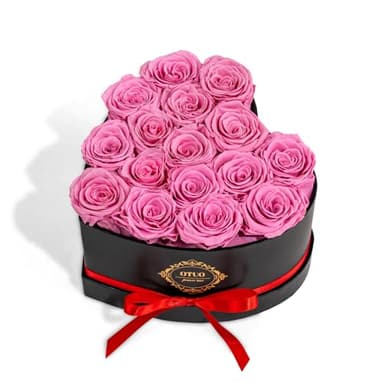 Otuo 16 Preserved Roses in Heart-Shaped Box, Flowers for Delivery Prime Last up 2 Years, Real Forever Flowers for Wife, Girlfriend, Mother, Eternal Roses for Anniversary - Pink