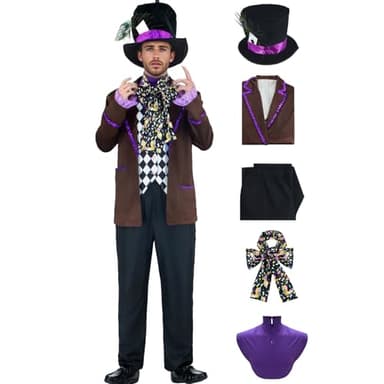 Tvnxdgl The Hatter Costume Mens Mad Tea Party Outfits Gentleman Jacket Top Hat Pants Dicky Collar Set Halloween Cosplay Suit XL