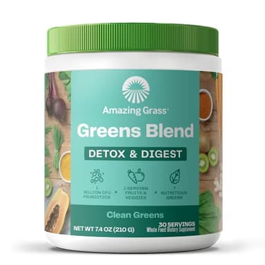Amazing Grass Greens Blend Detox & Digest: Cleanse with Super Greens Powder, Beet Root Powder, Digestive Enzymes, Prebiotics & Probiotics, Clean Green, 30 Servings (Packaging May Vary)
