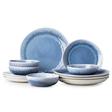 Dafuceramic 12 Pieces Stoneware Dinnerware Set, Modern Reactive glaze Dish Set for 4, Premium Serving Plates and Bowls Sets,Series MOON(SKY BLUE)