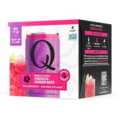Q HIBISCUS GINGER BEER with Real Ginger, Hibiscus & Organic Agave - Ideal for Cocktails & Mocktails - Real Ingredients & Perfectly Carbonated, 90 Calories per Can, 7.5 Fl Oz Cans (Pack of 4)