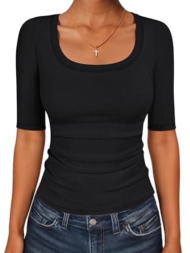 ANRABESS Womens Half Sleeve Tops Scoop Neck Ribbed Knit Slim Fitted Basic Tee Shirts Summer 2026 Trendy Spring Casual Clothes Black Large