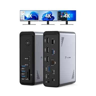 TobenONE 18 in 1 Laptop Docking Station 3 Monitors, Triple 4K Display with 3 HDMI, 9 USB Ports, Gigabit Ethernet, PD3.0, for Windows/Dell/Lenovo/HP/Thinkpad Laptops (No Power Adapter)