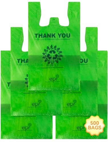 [500 per box] | Recyclable Compostable Reusable Biodegradable Plastic T-Shirt Bags | Grocery Shopping Bags | Green Eco Plastic Bags (500 per box) | T-Shirt Carryout Bags 500 count Restaurant Quality, Durable, Reusable and Econ Friendly | Measures 11. 5" X 6. 25" X 21"( large size 1/6) , 16 Mic (0. 63 Mil)