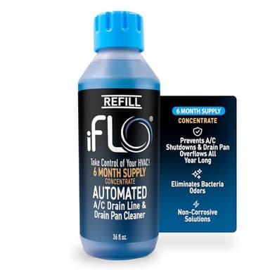 iFLO® Smart A/C Drain Line Cleaner and Drain Pan Cleaner Cartridge Concentrate, Fast-Acting, Long-Lasting HVAC System Solution for Tough Clogs & Buildup, 6-Month Supply per Bottle, 1 Pack of 36oz
