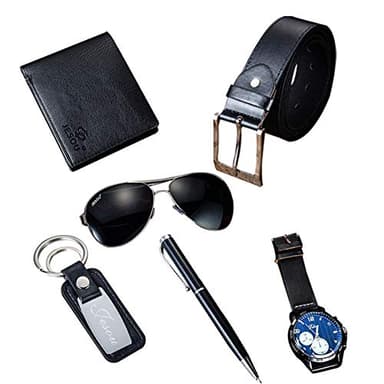 Baojulong Belt Men Leather Black Set with Wallet Keychain Ballpoint Pen Sunglasses Watch Set for Men, Birthday Gifts for Boyfriend Husband Dad, Valentines Day Gifts for Him