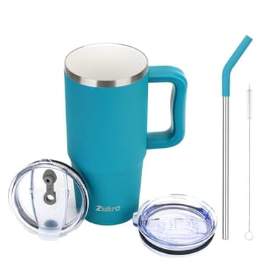 Zukro 24 oz Ceramic Lined Tumbler with Handle and Straw, No Metal Taste, Insulated Stainless Steel Coffee Mug with Spill Proof Lids for Home/Office, No Sweat, Keep Drinks Hot or Cold, Teal