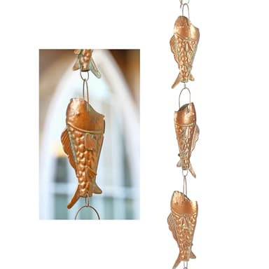 Phaxth Copper Patina Rain Chain with Rainbow Trout for Heavy Rain, Functional and Decorative Replacement Downspout Chain for Outside, Rain Catcher Chain for Gutters, 8.5FT
