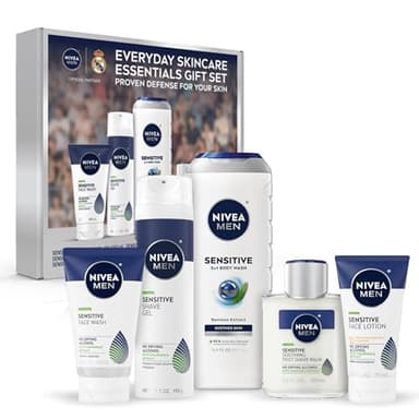 NIVEA MEN Sensitive Skin Care Set for Men, Face Wash, 5 Fl Oz + Body Wash, 16.9 Fl Oz + Shave Gel, 7 Oz + Soothing Post Shave Balm, 3.3 Fl Oz + Face Lotion SPF 15, 2.5 Fl Oz