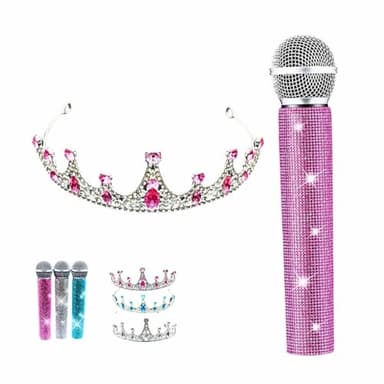Fake Microphone Prop and Crystal Tiara Set – Sparkly Rhinestone Bling Girls Toy Mic & Crown for Halloween, Cosplay, Princess Dress-Up Gift, Birthday Parties & Kids Pretend Play (Silver) (Pink)