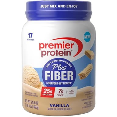 Premier Protein Powder Plus Fiber, Vanilla, 25g Protein, 7g Fiber to Support Gut Health, No Added Sugar (17 Servings)