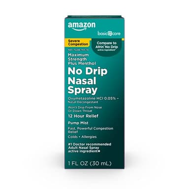 Amazon Basic Care No Drip Severe 12 Hour Nasal Decongestant Pump Mist, Maximum Strength Plus Menthol, Allergy Relief, 1 fl oz (Pack of 1)
