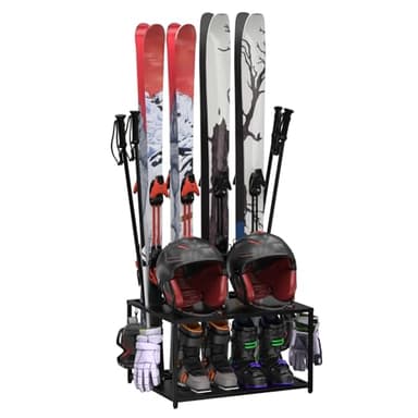 Freestanding Ski Holders for 4Pairs of Skis Ski Boot, Poles,Goggles, Helmet and More,Storage Rack for Garage, Heavy Duty Steel Floor Stand Ski Organizer for Garage Basement(Double-Layer storage shelf)