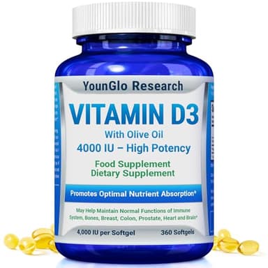 YounGlo Research Vitamin D3 4000 IU Dietary Supplement to Promote Healthy Bone & Immune Function, Easy-to-Swallow 360 Softgels