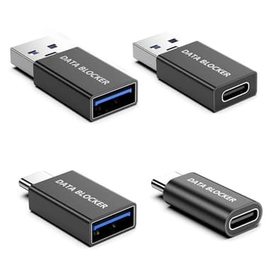 4 Kinds of USB Data Blocker Adapter, USB C Data Blocker for iPhone 15 16 17 and for Android Phone or for ipad, A to A & A to C & C to C & C to A Only for Charge, Protect Against Juice Jacking (Black)