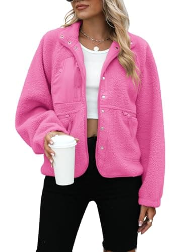 Yanekop Sherpa Jacket Women Fall Winter Faux Fur Coat Fuzzy Fleece Jacket Button Up Cozy Sweaters Warm Winter Clothes(A Hot Pink,S)