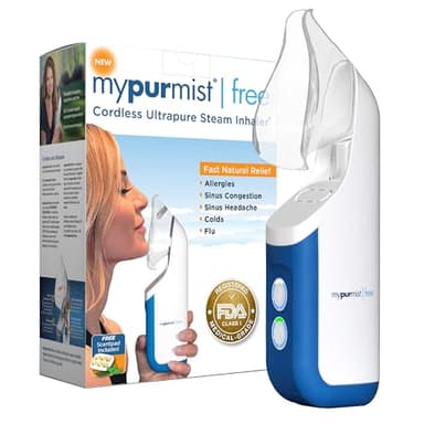 Mypurmist Free Ultrapure Cordless Steam Inhaler - Handheld Personal & Battery-Powered Steamer, Vaporizer & Humidifier for Sinus Relief, Nasal Congestion, Cold & Cough, Vocal Care