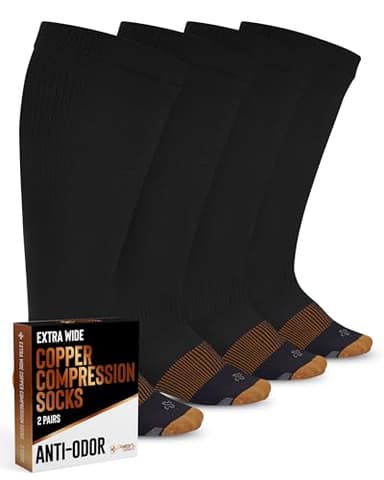 Doctor's Select Copper Plus Size Compression Socks Wide Calf - 2 Pairs | 20-30mmHg Extra Wide Calf Compression Socks Women Copper for Swelling, Varicose Veins | Black