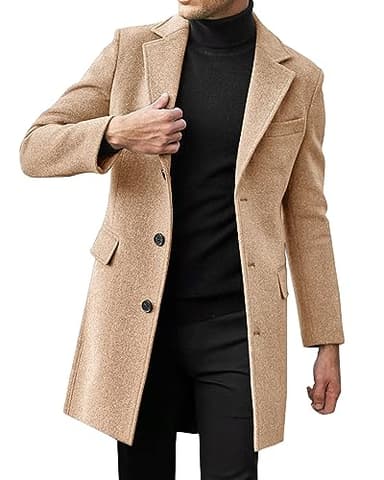 Beotyshow Mens Single Breasted Trench Coat Winter Pea Coat Notch Lapel Long Casual Overcoat