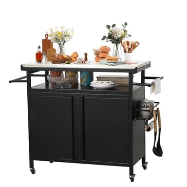 Nexaio XL Rolling Bar Grill Cart Outdoor Patio Furniture, Outdoor Grill Table with Stainless Steel Top for Kitchen Prep and Outdoor Storage Cabinet for Grilling Accessories, Black