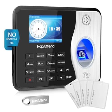 HapAttend Time Clocks for Employees Small Business Automatic Calculate Hours, 0 Monthly Fees Fingerprint Time Clock, H3 Standalone Biometric Clock in Machine for Employees with 5 RFID Cards (No WiFi)