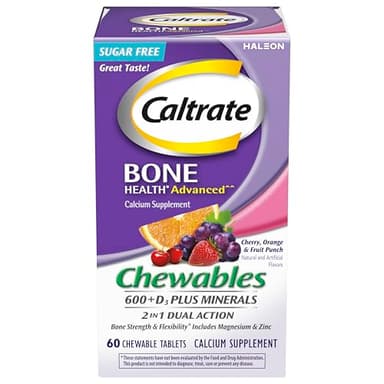 Caltrate Chewables 600 +D3 Plus Minerals Calcium and Vitamin D, Sugar Free, Cherry, Orange and Fruit Punch, 60 Count