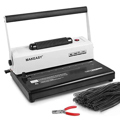MAKEASY Coil Spiral Binding Machine 4:1 pitch - Manual Hole Punch - Electric Coil Inserter - Adjustable Side Margin - for Letter Size/A4/A5, Comes with 1 Box 5/16'' Plastic Coil Binding Spines & Plier