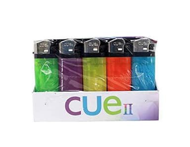 CUE II Classic Lighters, Assorted Colors, Regular Size, Long Lasting, 50-Count Tray
