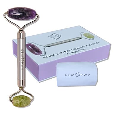 GEM PWR Amethyst + Jade Roller for Face and Neck Massage, Dual Gemstones with Durable Steel Handle and Travel Bag. Minimize Wrinkles, Reduce Puffiness and Restore Skin's Elasticity and Radiance