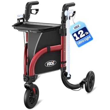 VOCIC 3 Wheel Walkers for Seniors,Z25 Pro Foldable Rollator with 8" Airless Tires & Non-Slip Tray, Cane Holder & Cup Holder, Lightweight Three Wheel Rolling Walker Height Adjustable, Supports 300 lbs