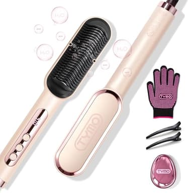 TYMO Ring Plus Ionic Hair Straightener Brush - Straightening Comb with Negative Ions for Women, Titanium Coating, 9 Temp Settings & LED Display, Dual Voltage, Professional Styling Tools, Gold Blush
