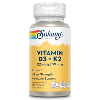 SOLARAY Vitamin D3 K2 - Bone Health and Immune Support Supplement - with 5000 IU Vitamin D as VIT D3 and 50 mcg Vitamin K2 as Menoquinone MK7, Made Without Soy, 60-Day Guarantee, 60 Serv, 60 VegCaps