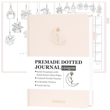 ONGROX Premade Bullet Style Notebook with Hand-Drawn Pages, Dotted Journal with Unique Pre-Made Bullet Templates, Undated Planner with Weekly Spreads & Monthly Themes, 12 Months, A5 Linen Hardcover