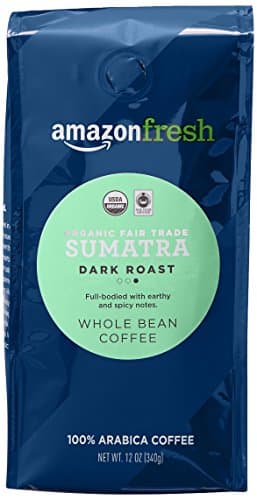 Amazon Fresh Organic Fair Trade Sumatra Whole Bean Coffee, Dark Roast, 12 Ounce