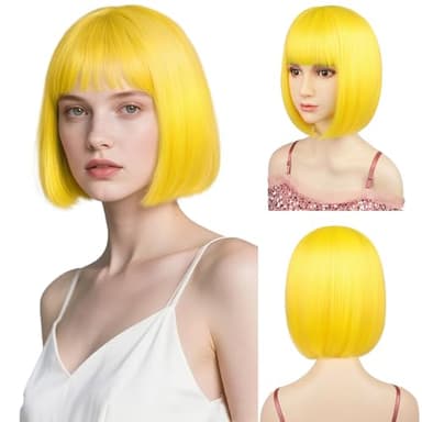 Sarannala Bob Wigs with Straight Flat Bangs 12" Synthetic Fiber Hair Includ Wig Cap Yellow Wig for All Women Halloween Costume Party Colorful Wigs (Yellow)