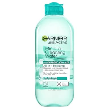 Garnier Micellar Water with Hyaluronic Acid, Facial Cleanser & Makeup Remover, Hydrating and Plumping, For All Skin Types, Vegan, Cruelty Free, 13.5 Fl Oz (400mL), 1 Count