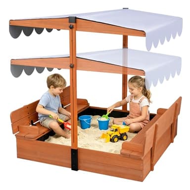 FunXplore Wooden Kids Sandbox with Lid & Canopy, Outdoor Sand Pit with Cover & Adjustable Roof, 2 Foldable Benches, Bottom Liner, Backyard Play Equipment for Ages 4-8, Brown