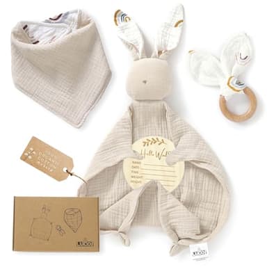 LUCOI Organic Cotton Baby Gift Set – 4 Piece Muslin Bunny Lovey Blanket + Teether Ring + Bandana Bib + Announcement Card | Gender Neutral Newborn Gift Box | Organic Lovey for Babies