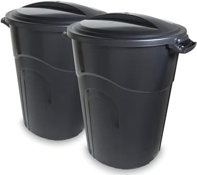 United Solutions 32 Gallon Outdoor Garbage Can, Black, Easy to Carry Garbage Can with Sturdy Construction, Pass-Through Handles & Attachable Click Lock Lid, Indoor or Outdoor Use, (Pack of 2)