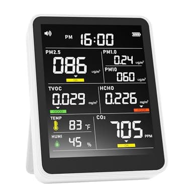 Air Quality Monitor Indoor,13-in-1 Smart Air Quality Tester with PM 2.5, CO2, TVOC, HCHO, PM1, AQI, PM10, Temperature & Humidity, Real Time Display, Battery Powered, for Home & Office (Moon White)