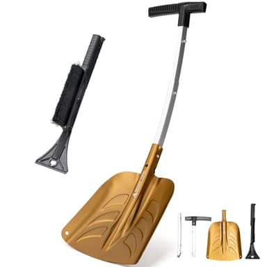 OneTigris Snow Shovel, Collapsible Aluminum Alloy with Ice Scraper Brush - Portable Folding Shovel for Camping, Car Emergency, Winter Outdoor - 25.98" Lightweight Durable Design (Coyote Brown)