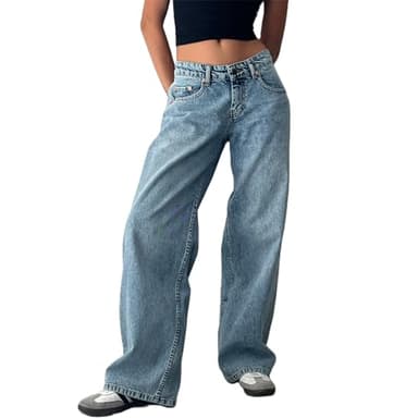 Mxiqqpltky Low Rise Jeans for Women Mom Jeans Wide Straight Leg Baggy Jeans Y2k Vintage Boyfriend Denim Pants Streetwear(Pale Blue,Small)