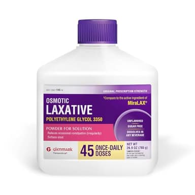 Glenmark Therapeutics Polyethylene Glycol 3350 Powder, Osmotic Laxative, 45 Daily Doses, Softens Stool, Relieves Occasional Constipation, Powder for Solution, 26.9 Ounce