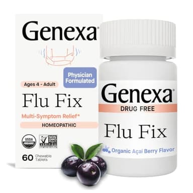 Genexa Flu Fix | Multi-Symptom Flu Remedy for Kids & Adults | Relieves Aches, Fever, Congestion | Acai Berry Flavor | Organic & Non-GMO | Homeopathic Remedy Made Clean | 60 Chewable Tablets, Ages 4+​
