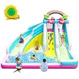 Inflatable Water Slide, 6 in 1 Blow Up Water Park Aged 3-12, Flamingo Style Water Bounce House with Double Long Slides, Splash Pool, 580W Blower Waterslide for Kids and Adults Backyard