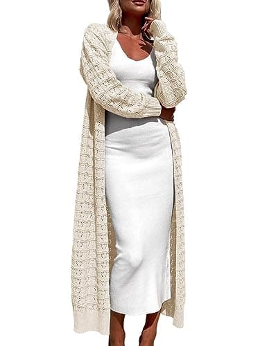 ZoeAce Womens Crochet Maxi Cardigan Sweaters Open Front Knit Long Sleeve Lightweight Duster Cardigan Casual Winter Outfits Off-White